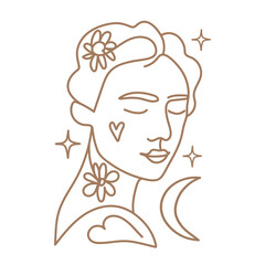 Vector illustration with one line hand drawn woman portrait with moon, stars, flowers and hearts. Beauty fashion self care female print design, girl linear logo or icon boho concept art