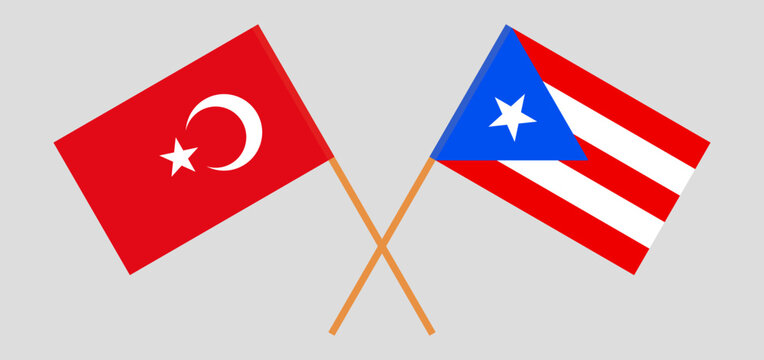 Crossed flags of Turkiye and Puerto Rico. Official colors. Correct proportion