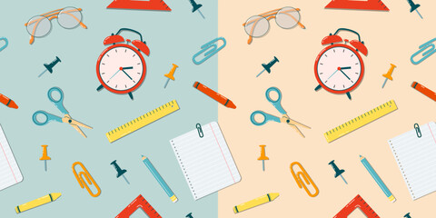 Back to school seamless pattern. Colorful doodle illustration with school supplies. Scissors, pins, clips, glasses, pencil, paper, alarm clock and ruler. Vector background 