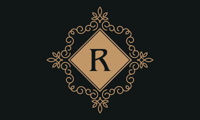 Luxury vector logo template for restaurant, royalty boutique, cafe, hotel jewelry, fashion. Floral monogram with the letter R.