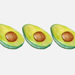 Avocado slice pattern. Watercolor illustration isolated on white background. For print greeting cards, wrapping paper, stickers decor, packaging, textile menu.