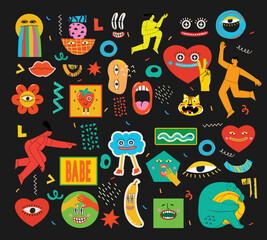Big Set of Different colored Vector illustartions for posters in Cartoon Flat design. Hand drawn Abstract shapes, faces, different texture funny Comic characters.