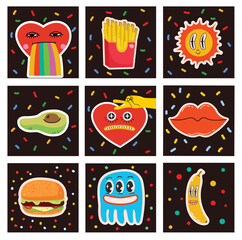 Big Set of Different colored Vector illustartions for posters in Cartoon Flat design. Hand drawn Abstract shapes, faces, different texture funny Comic characters.