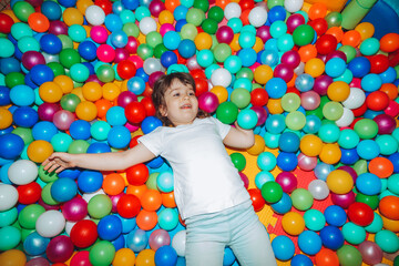 Fototapeta na wymiar a smiling child in a sea of balloons.a little happy girl is playing with colored balls in the game center