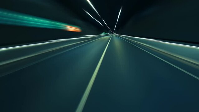 Light trail in tunnel. Driving through tunnel, fish-eye, time-lapse, motion blur