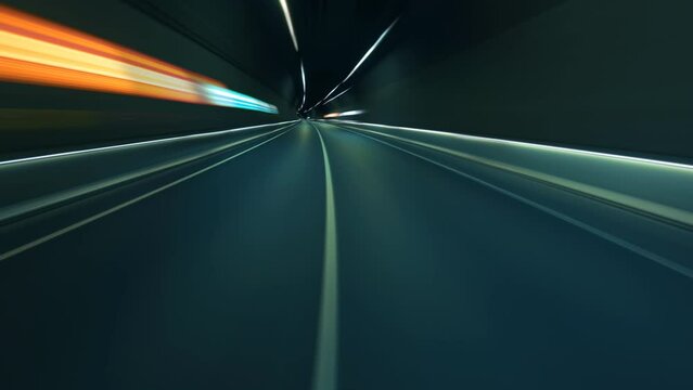 Light trail in tunnel. Driving through tunnel, fish-eye, time-lapse, motion blur