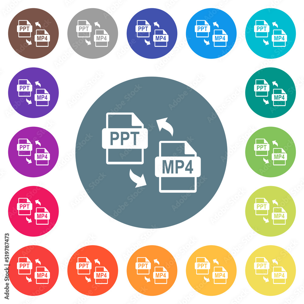 Poster ppt mp4 file conversion flat white icons on round color backgrounds