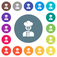 Fototapeta premium master chef with glasses and mustache flat white icons on round color backgrounds