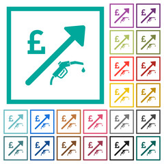 Rising fuel english Pound prices flat color icons with quadrant frames