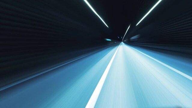 Light trail in tunnel. Driving through tunnel, fish-eye, time-lapse, motion blur
