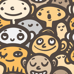 Seamless pattern with cute cartoon people on colorful background. Funny little mens wallpaper. Vector doodle characters print.