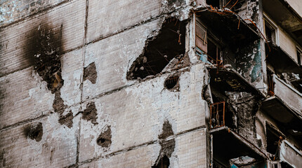 Irpin, Ukraine - May 22, 2022: the consequences of the aggression of the Russian army: shot, bombed, burned apartments and houses