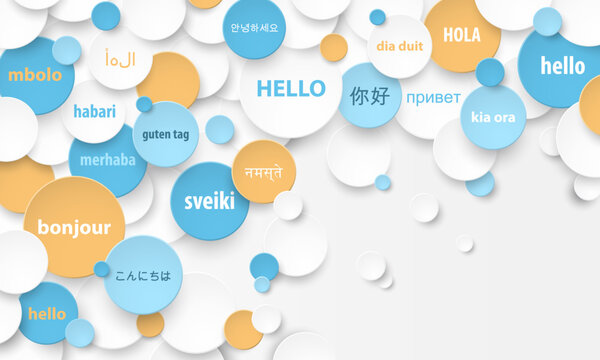 Colorful HELLO vector concept with translations into various languages on white background