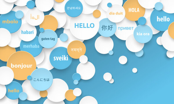 Colorful HELLO vector concept with translations into various languages on dark blue background
