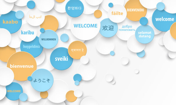 Colorful WELCOME vector concept with translations into various languages on white background