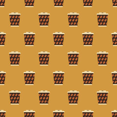 Cup coffee seamless pattern in retro color. Icon coffee to go. Concept takeaway drink, food. Retro design for print on wrapping paper, packing, wallpaper, fabric. Vector illustration