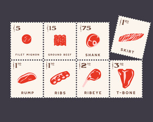 Beef cuts, meat icons in post stamps style, steaks and ribs, ground beef and filet mignon