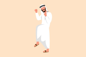 Business flat cartoon style drawing happy Arab businessman standing with fold one leg and yes gesture. Executive manager celebrating success of new business project. Graphic design vector illustration