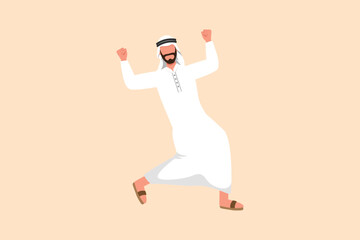 Business flat cartoon style drawing happy Arabian businessman standing with raised clenched fist hands. Male manager celebrating success of increasing product sales. Graphic design vector illustration