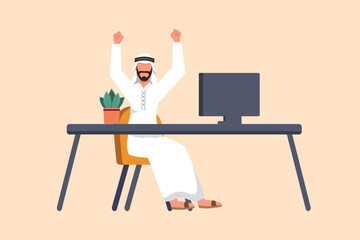 Business flat cartoon style drawing happy Arab businessman sitting with raised hands near table and computer. Office worker celebrates success business achievement. Graphic design vector illustration