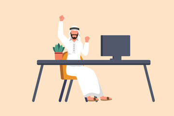 Business design drawing happy Arab businessman sitting near desk with raised one hand high and raised the other. Worker celebrates success business achievement. Flat cartoon style vector illustration - obrazy, fototapety, plakaty