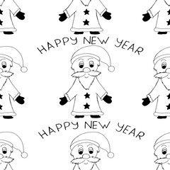 Seamless santa claus pattern with inscription Happy New Year. Set of funny cartoon father christmas. Christmas greeting card. Christmas concept. New year background.