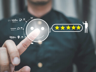 Five star customer satisfaction rating review.quality of service or product. Concept.User give rating to service experience on online application..