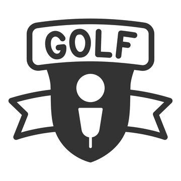 Emblem - ball on a stand, inscription golf - icon, illustration on a white background, glyph style