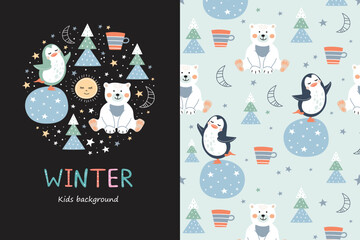 Funny cartoon polar bears, penguins, fir trees and snowflakes. Winter blue background. Vector illustration.