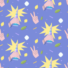 Naklejka na ściany i meble Summer bright pattern with hands holding bottles of lemonade, ice, mint leaves and lemons. Illustration with soda in purple and yellow colors. V sign hand.