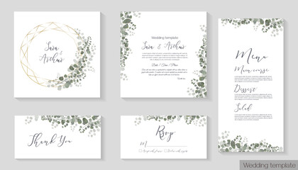 Fototapeta na wymiar Vector set for wedding invitations. Eucalyptus and plants, polygonal gold frame. Invitation card, thank you, rsvp, menu