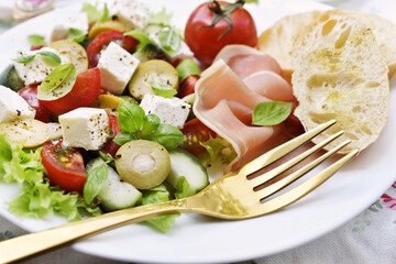Fresh mediterranean style salad with feta and vegetables