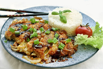 Katsudon Japanese breaded pork cutlet with egg and onion