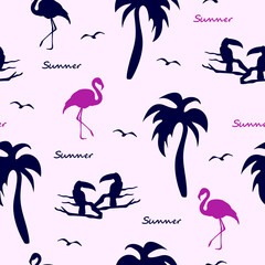 Tropical seamless pattern with flamingo, toucan, birds, palm trees and inscription summer. Silhouettes. Design of packaging, printed materials, textiles, bedding and wallpaper.