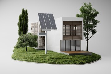 Solar panels, green energy for home, white background, 3d illustration.	

