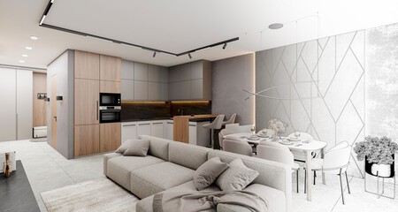 Sketch design of the interior living room, 3d rendering.