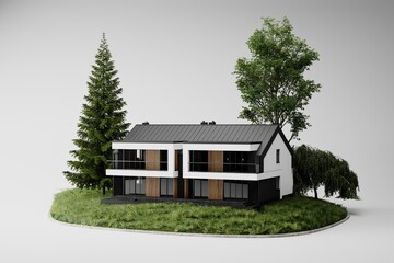 Modern house on a white background in the concept of real estate sale or real estate investment, Buying a new house for a large family 3d illustration.