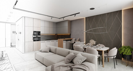 Sketch design of the interior living room, 3d rendering.