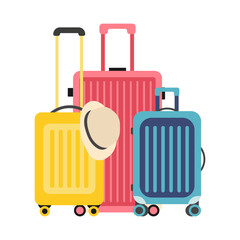 Set of three Suitcases. Travel Suitcases and summer Hat. Family Suitcases. Vacation concept. Isolated Elements for your Travel design. Flat vector illustration.