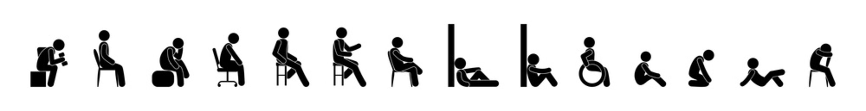 man sitting, various poses of people, isolated human silhouettes, stick figure icon, sit down illustration
