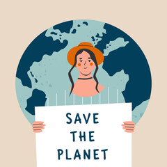 Eco-activist protest for climate change, global strike demand urgent action. woman marching on demonstration for protection of enviroment. Women holding Sve the planet poster. Flat vector illustration