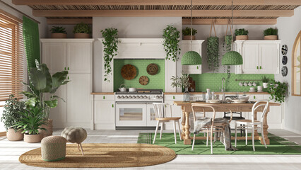 Wooden country kitchen in white and green tones.Dining table, carpet and appliances. Scandinavian boho interior design