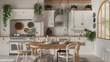 Dining table and kitchen in wooden scandinavian boho style. Table setting in white and beige tones. Country bohemian interior design