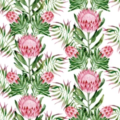 Selbstklebende Fototapeten Seamless pattern with watercolor hand-painted exotic flowers of protea and leaves. It is well suited for designer wallpaper, fabric printing, wrapping paper, fabric, laptop covers, notebooks. © Vera