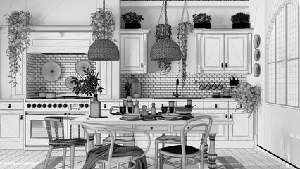 Blueprint unfinished project draft, dining table and kitchen in wooden scandinavian boho style. Table setting. Country bohemian interior design