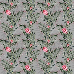 Fototapete Rund Seamless pattern with watercolor hand-painted exotic flowers of protea and leaves. It is well suited for designer wallpaper, fabric printing, wrapping paper, fabric, laptop covers, notebooks. © Vera