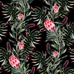 Poster Naadloze patroon met aquarel handgeschilderde exotische bloemen van protea en bladeren. Het is zeer geschikt voor designbehang, textieldruk, inpakpapier, stof, laptophoezen, notitieboekjes. © Vera