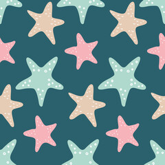 Fototapeta na wymiar Pastel starfish on dark background seamless pattern for design vector illustration