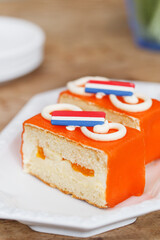 tompouce, orange, cake, koningsdag, flag, mille feuille, netherlands, dutch, pastry, holland, king, background, baked, bakery, celebration, cream, delicious, dessert, event, food, gourmet, icing, king