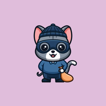 Domestic Cat Thief Cute Creative Kawaii Cartoon Mascot Logo